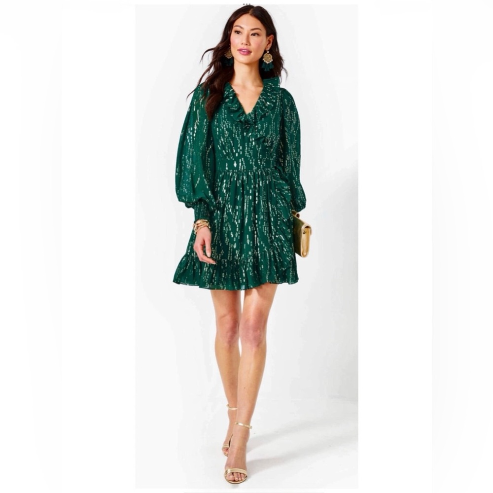 Lilly Pulitzer NWT Birdy Silk Wrap Dress Evergreen Fish Clip $328 Size 10,12 - Picture 3 of 10
